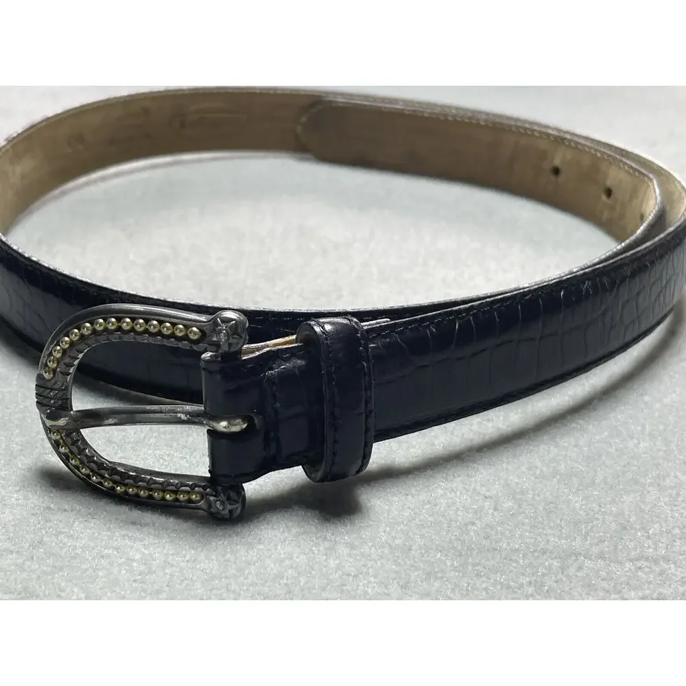 Talbots Black Leather Belt Medium Made In Italy Silver And Gold Tone Hardware‎